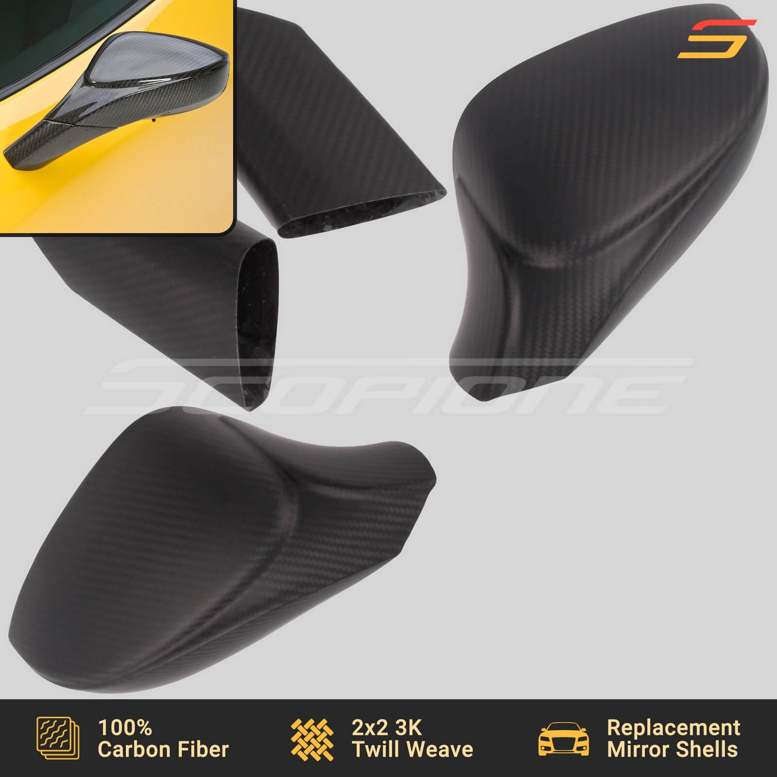 Scopione MATTE Carbon Side Mirrors Shells Covers & Bases for Ferrari 458 Italia
