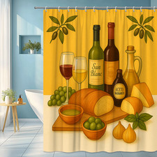 Colorful Kitchen Art Shower Curtain - Wine, Cheese, and Olive Design