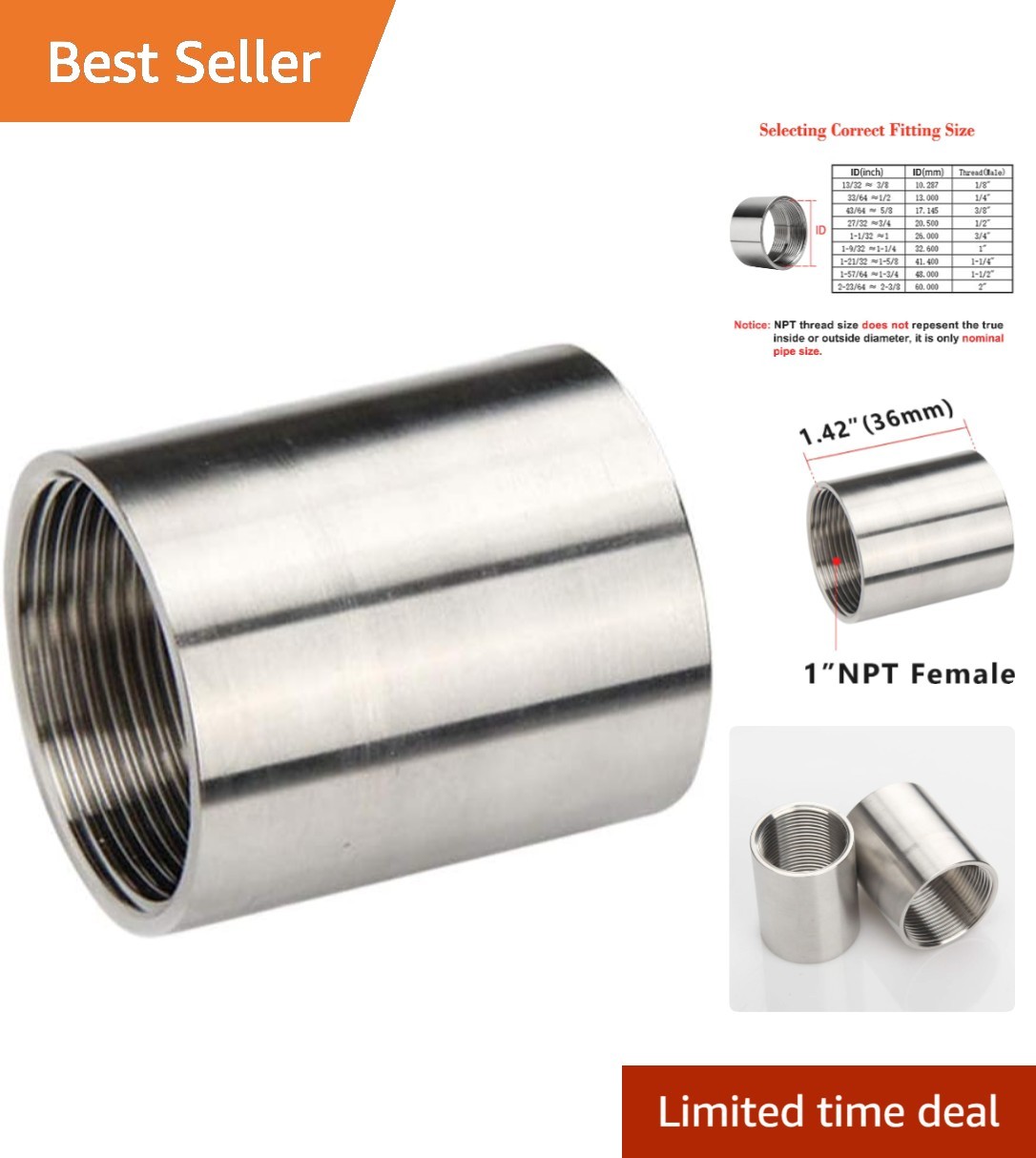 304 Stainless Steel Cast Pipe Coupling Fitting, Female Coupler Adapter Polish...