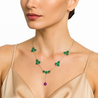 Facettierte Amethyst Briolette Kugel & grüner Onyx 925 Silber Halskette Schmuck N-1005