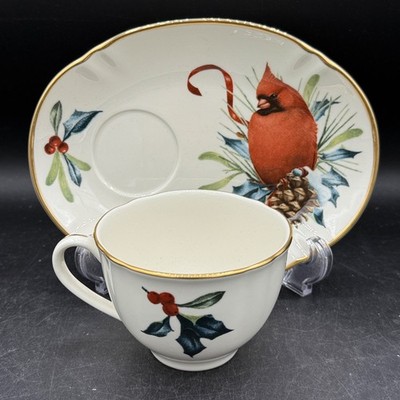 Lenox Winter Greetings Cardinal Christmas Cup & Dessert Oval Plate Snack Set New