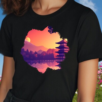 Women Japanese Temple Motif Cotton T-Shirt Size S to 3XL