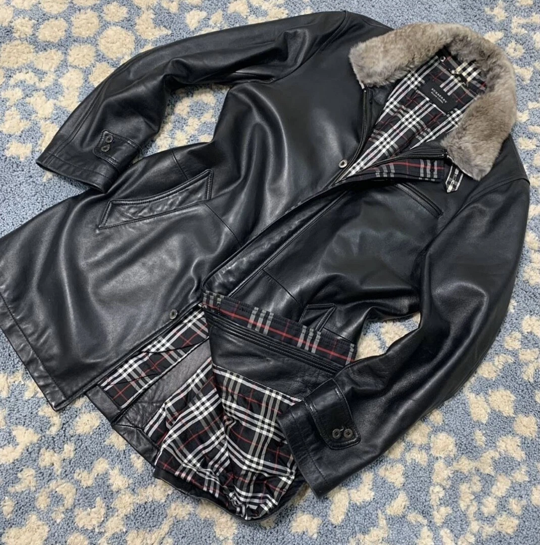 Cappotto in pelle Burberry Black Label con pelliccia Nova check in ottime condizioni