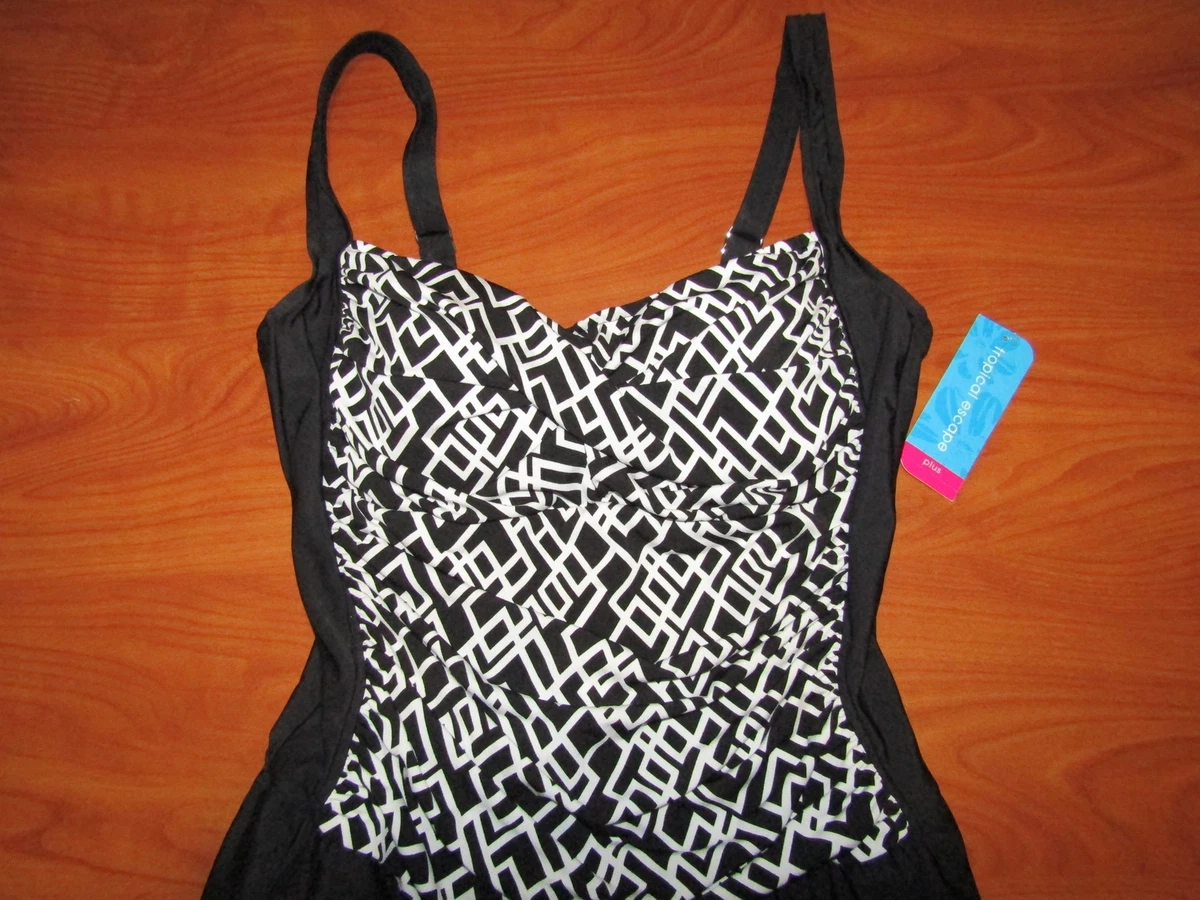 NEW TROPICAL ESCAPE WOMENS BLACK WHITE LINKS SKATER SWIM DRESS