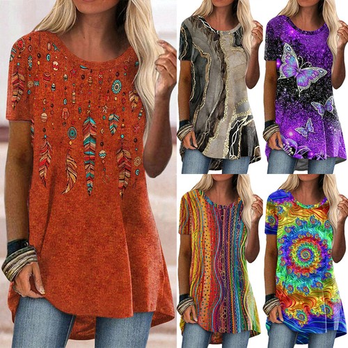 Womens Ladies Tunic Long Tops Tee Casual Loose Boho Print T-Shirts Blouse Plus - Picture 3 of 17