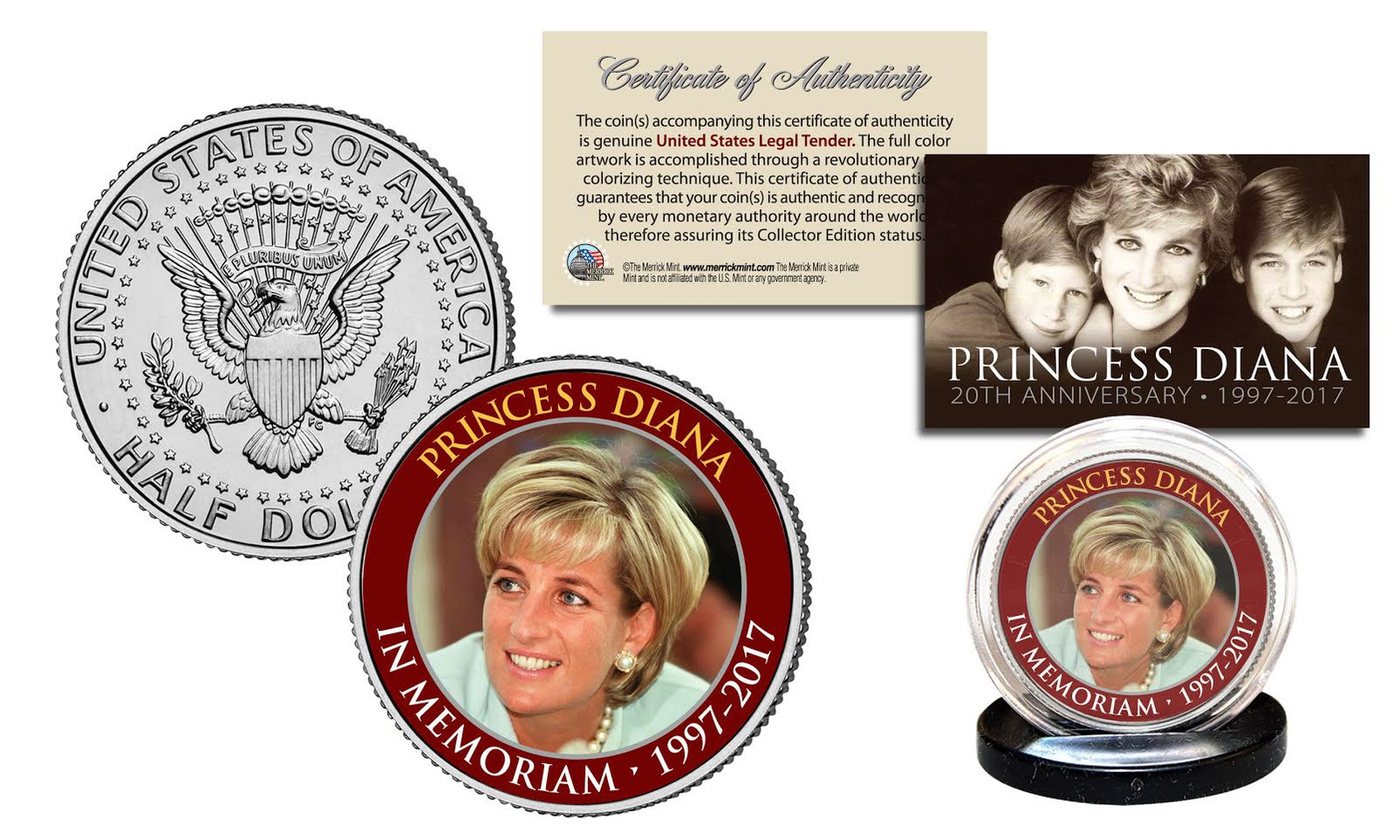 PRINCESS DIANA 20th Anniversary KENNEDY U.S. Half Dollar Coin - Red Rim Edition