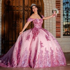 Quinceanera Dresses Shiny Lace Applique Beaded Pink Prom Ball Gowns Sweet 15 16