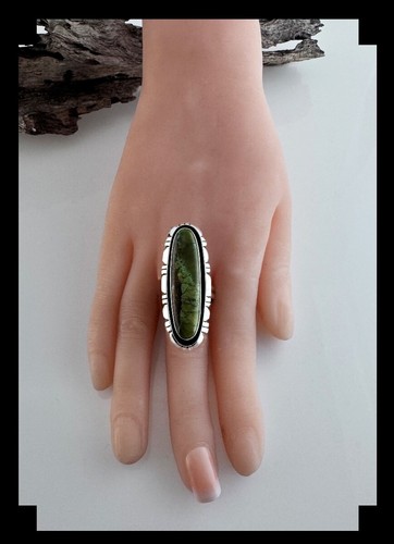 Long Sterling Silver and Green Chinese Turquoise Ring Adjustable - Picture 5 of 6