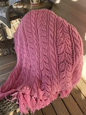 Homemade Crocheted Pink Lap/Throw Blanket W/ Fringe 65” L x 38”W Warm Comfy