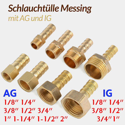 Schlauchtülle mit AG und IG Schlauchstutzen aus Messing Schlauchnippel 1/8 bis 2
