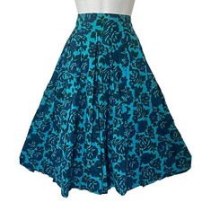 Vintage 60s Turquoise Blue Floral Pleated Midi Skirt Womens XS Homemade