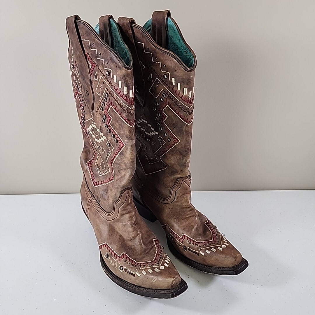 Vintage Studded Leather Cowgirl Boots Brown with Red Cream Stitching Size 7M
