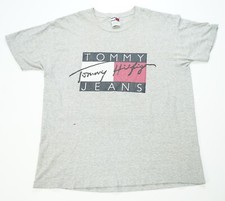 Rare Vintage TOMMY JEANS Hilfigers Spell Out Signature Flag T Shirt 90s Gray L