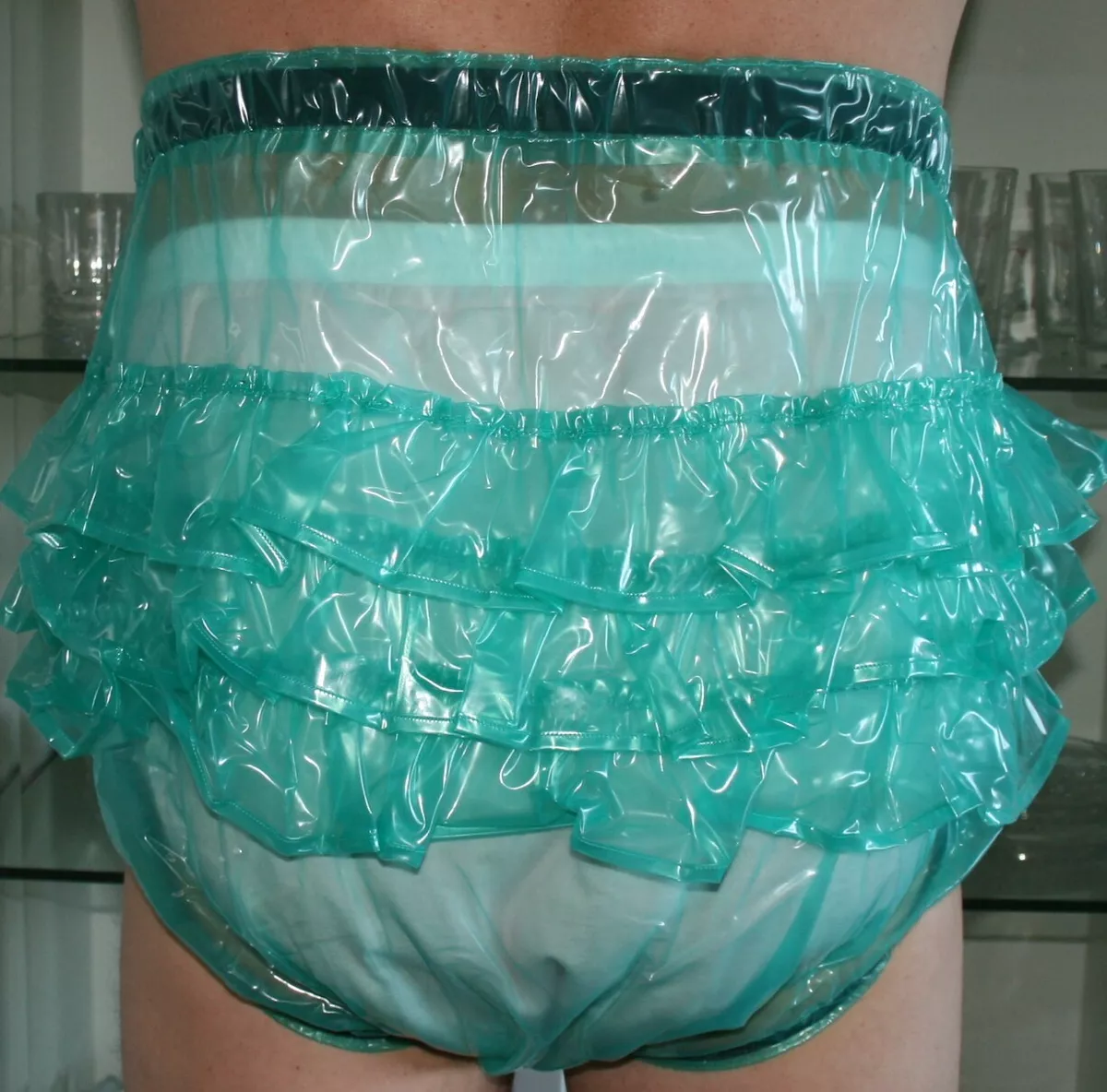 PVC Adult Baby Incontinence Diaper Rubber Trousers With Ruffle Green  Transparent