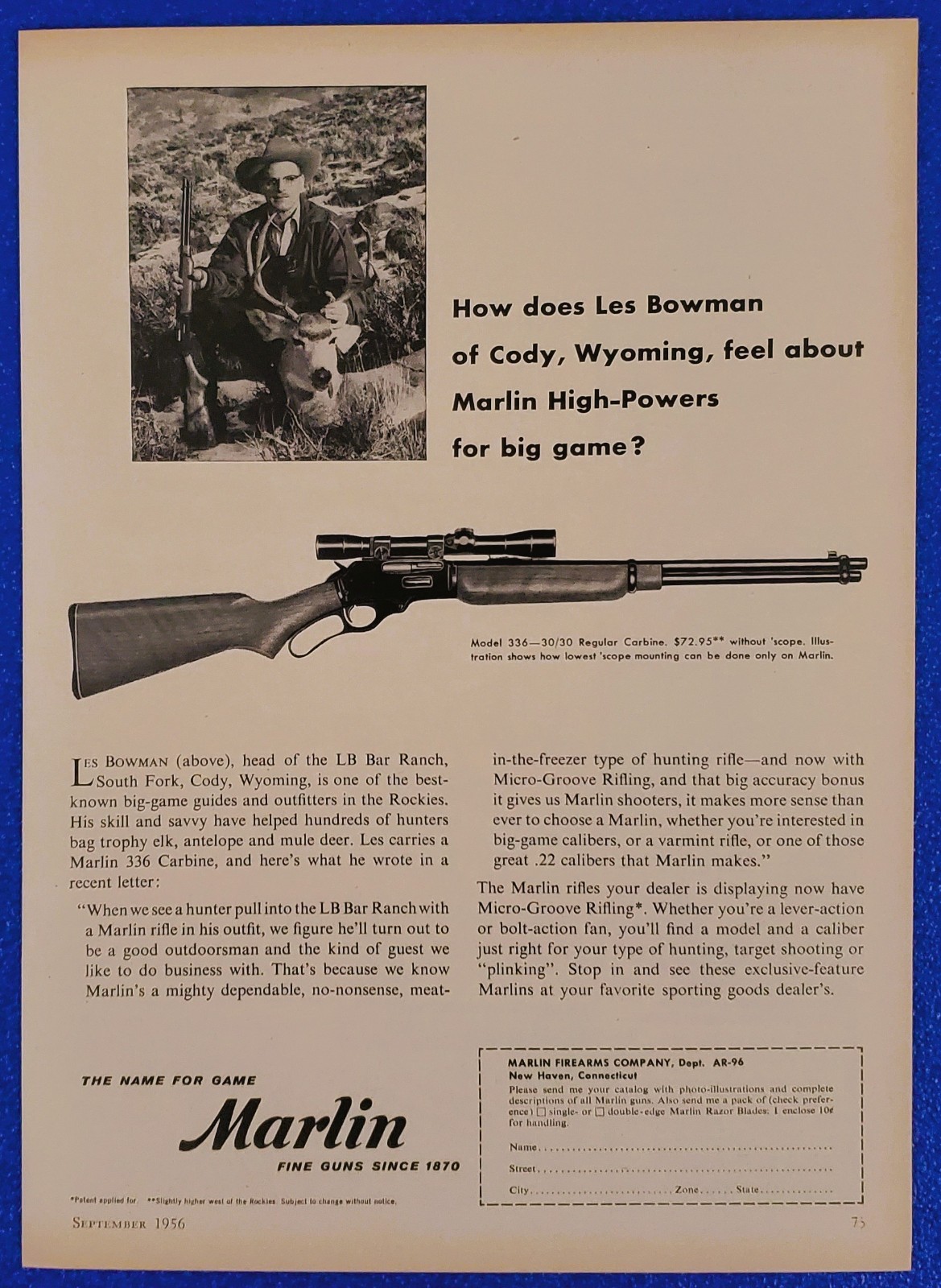 FUSIL DE ALTA POTENCIA MARLIN MODELO 336 30/30 DE COLECCIÓN CAZA GRAN JUEGO 1956 ANUNCIO IMPRESO