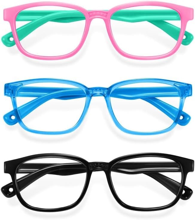 Okany Kids Blue Light Blocking Glasses 3-Pack in Black Transparent Pink Green-image