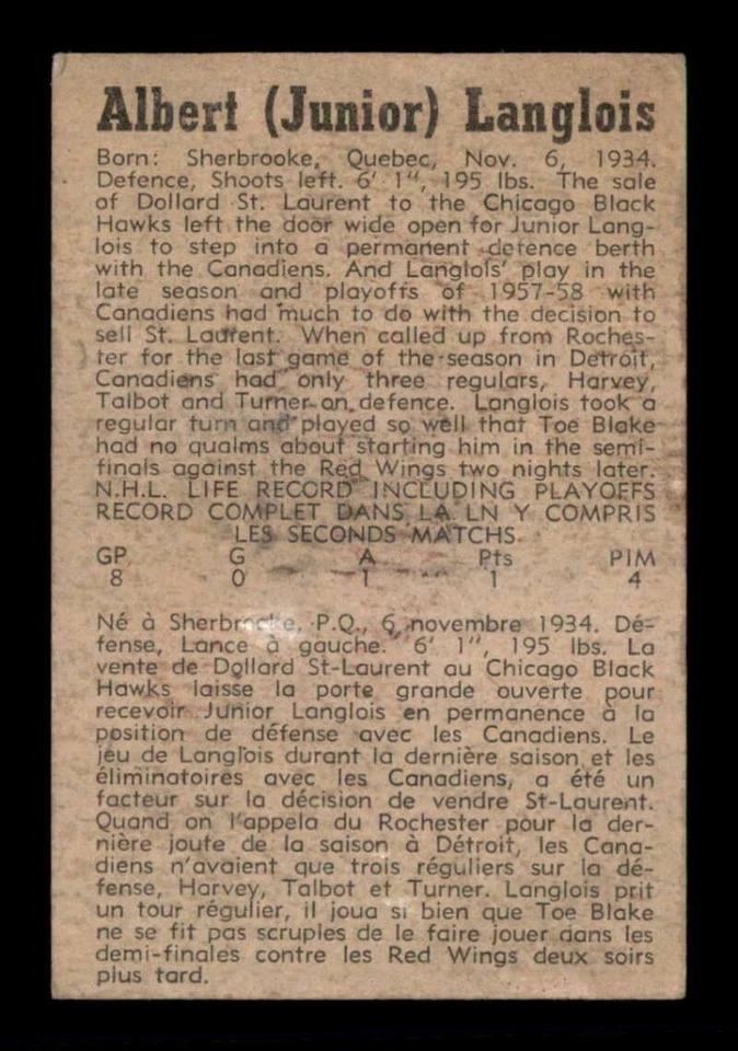 1958 Parkhurst #5 Albert Langlois   FAIR X3565636 - Image 2 of 3