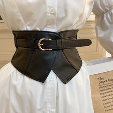 Women Black Wide Corset Belt Elastic PU Leather Waistband Pin Buckle Girdle 88cm