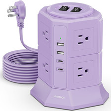 Flat Plug Power Strip Tower with 8 Outlets 4 USB Ports 2 Type C , Surge Protect