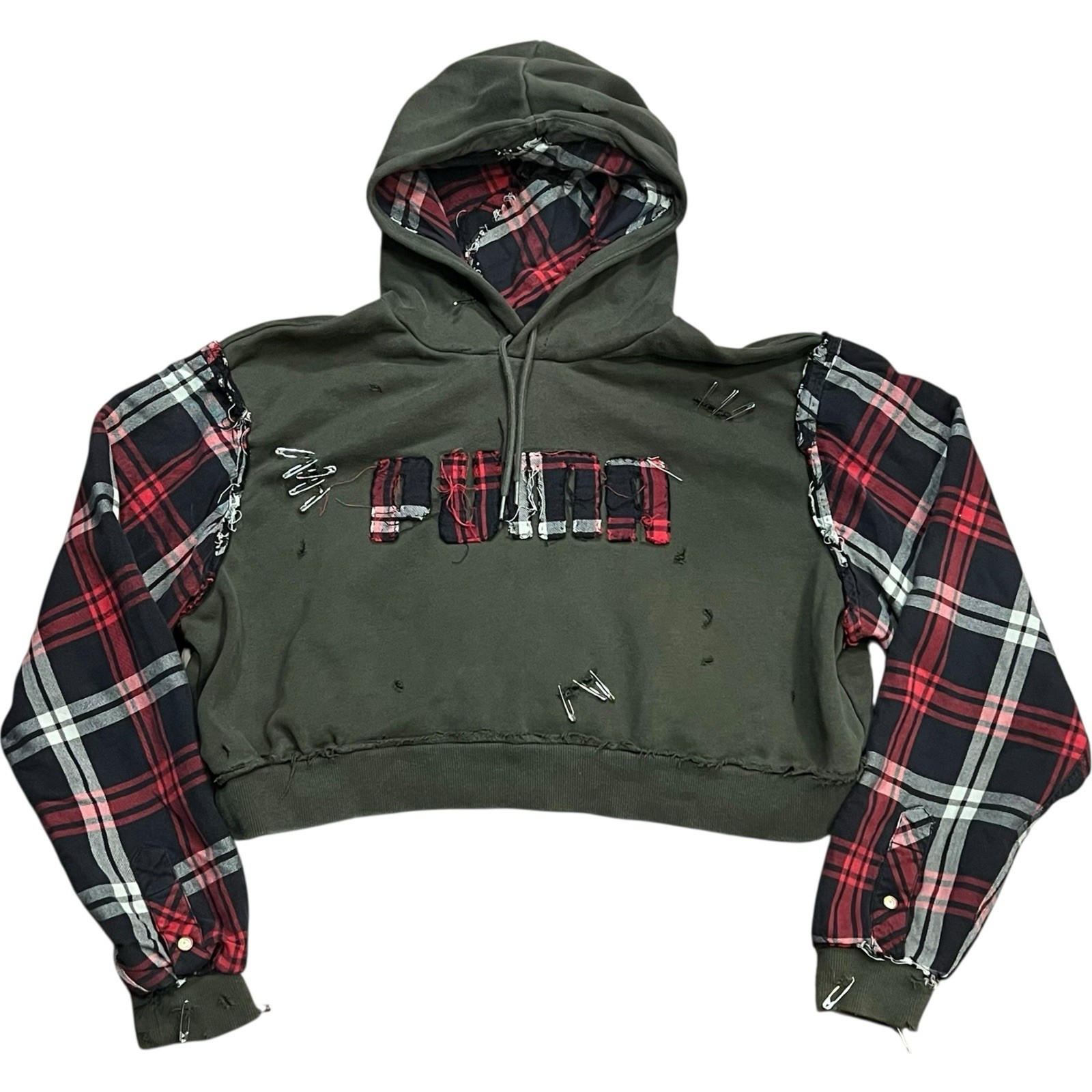 Puma Patchwork Plaid Distressed Cropped Hoodie XL… - image 1