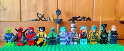 11 Lego Minifigures and Weapons lot: Deadpool, Magnito, Marvel, Ninjago, etc