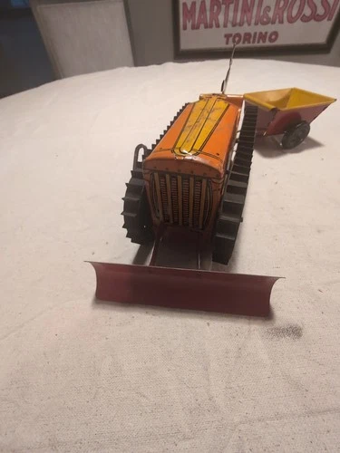 Vintage Marx Tin Litho Bulldozer Wind-up Toy With Driver  And Tilt Trailer