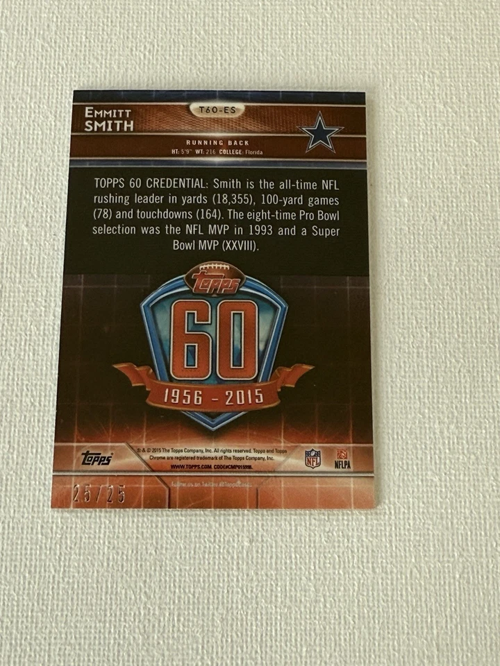 2015 Topps Chrome Mini Emmitt Smith Pulsar Throwback Refractor Cowboys /25 - Image 2 of 2