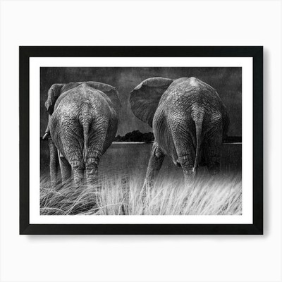 Zwei Elefanten im Gras Kunstdruck gerahmtes Wandbild Poster Leinwanddruck Bild