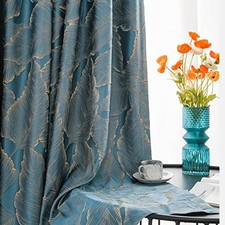 Luxury Curtains Blue Jacquard Drapes 3D Gold Leaf High Precision Curtains for...