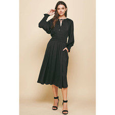 Black A-Line Midi Dress Smocked Waist, Puff Sleeves, Tie Neckline Size M