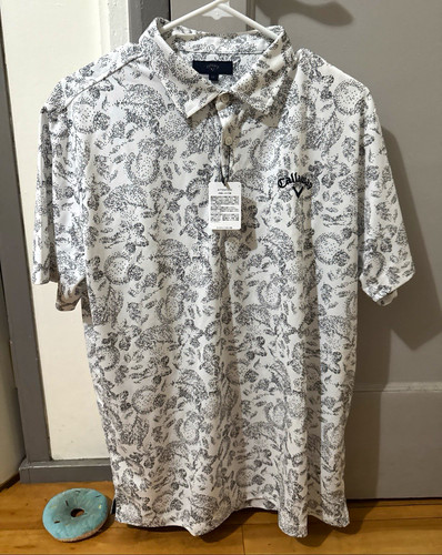 Callaway Men’s L Polo Shirt White/Black Floral Print Short Sleeve Logo Button