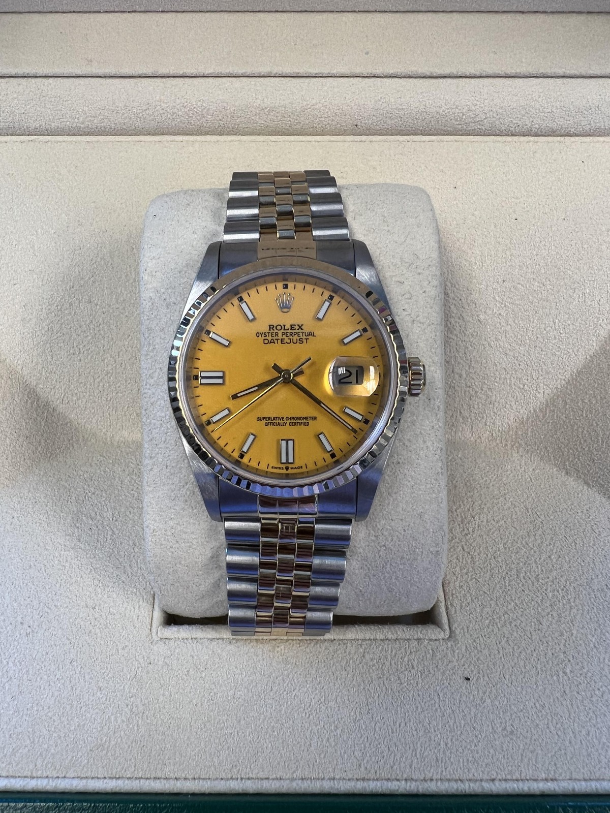 Rolex Datejust 36 Mint Custom Yellow Dial Box and Papers