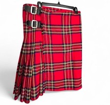 Red Tartan Wrap Kilt Skirt   Punk Plaid   Side Buckles   Sz 32  34 Waist