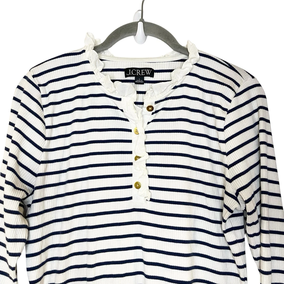 J. Camisa Crew Volantes Blanco Azul Rayas Acanalada Ajustada Manga Larga L Costera Foto 3 de 4