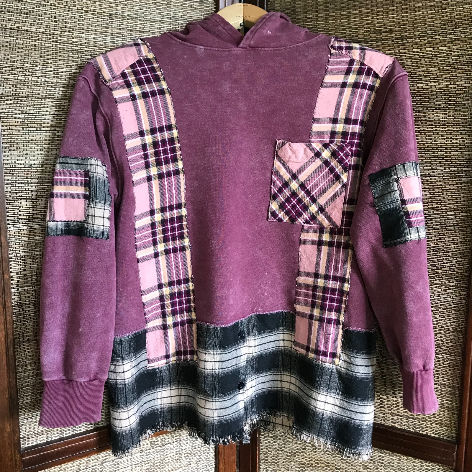 Upcycled Patchwork Hoodie: Distressed Magenta Pla… - image 11