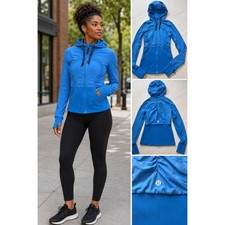 Lululemon Womens Size 6 Blue Hooded Full Zip Jacket Ruched Thumbholes Running