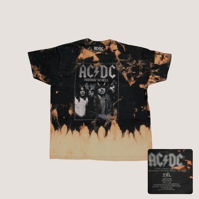 ACDC Highway To Hell Custom Bleach Tie Dye Flame Band T Shirt Black Mens 2XL