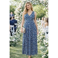 WB10 Susana Monaco Geometric Print V Neck Maxi Dress Blue White Black Sltrappy M