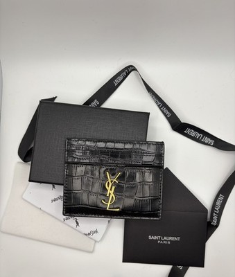 YSL Saint Laurent Black/Gold Leather Croc Embossed Card Holder Wallet