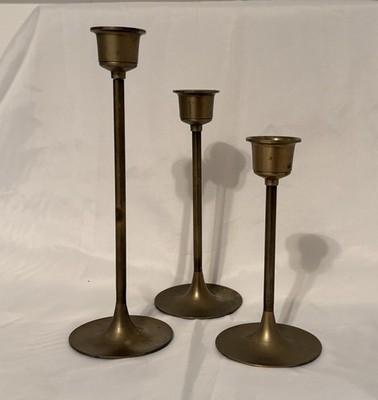 Vintage MCM Solid Brass Taper Candlesticks Set of 3 Graduated Taiwan 5-7.5 