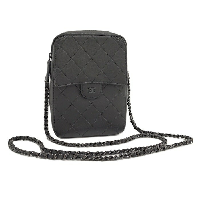CHANEL Phone Holder Chain Shoulder Leather Black