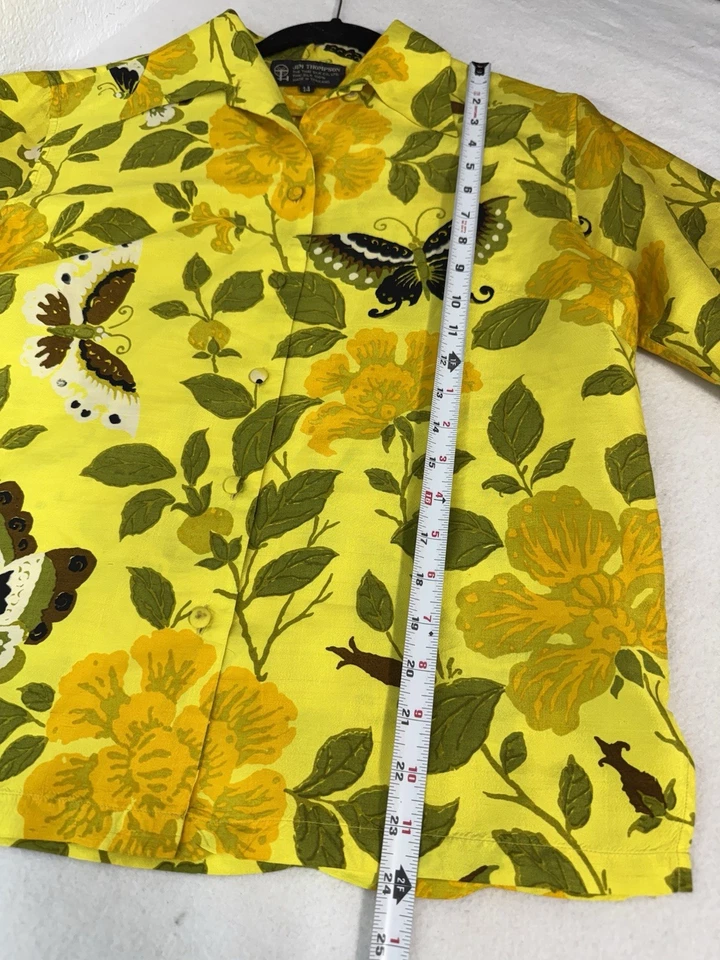 Jim Thompson Thai Silk Blouse Women 14 Yellow Butterfly Button Up Hawaiian Shirt - Image 2 of 4