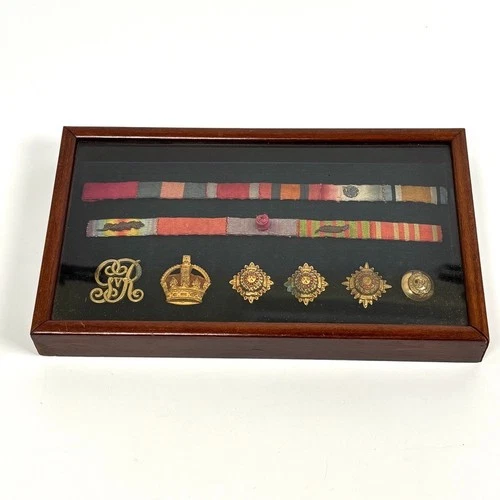 WW1 British Military Medal Ribbons + Devices Emblems Shoulder Pips Badge In Case