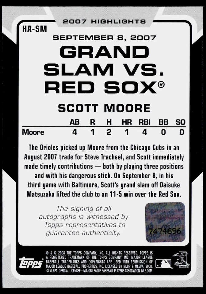Scott Moore 2008 Topps #HA-SM 2007 Highlights Autographs Baltimore Orioles Auto - Image 2 of 2