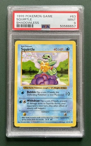 1999 POKEMON BASE SET SHADOWLESS #63/102 SQUIRTLE PSA 9 MINT