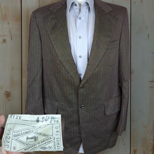 Sears Roebuck, Sears 1960s Sport Coat Jacket Mens 42L Brown Wide Lapel Stripe Knit