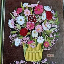 Vintage Crewel Embroidery Kit Basket Mid Century Boho Cottage Core Garden Floral