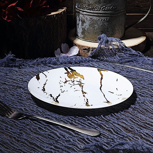 50 White Gold 8" Marble Round Salad Disposable Plates Party Wedding Catering - Picture 1 of 8