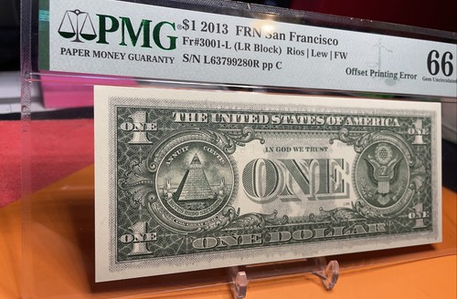 2013 $1 Federal Reserve Note PMG 66 EPQ Partial Matte Offset Printing Error - Picture 5 of 9