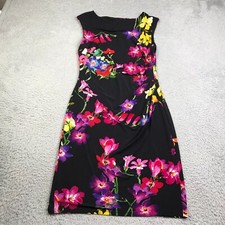 LRL Ralph Lauren Dress Womens 10 Black Floral Sleeveless Ruched Stretch